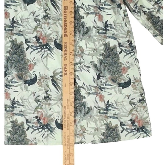 World Market Blouse L/XL Mint Green Peacock Bird Floral Pleated 3/4 Sleeve - Picture 7 of 8